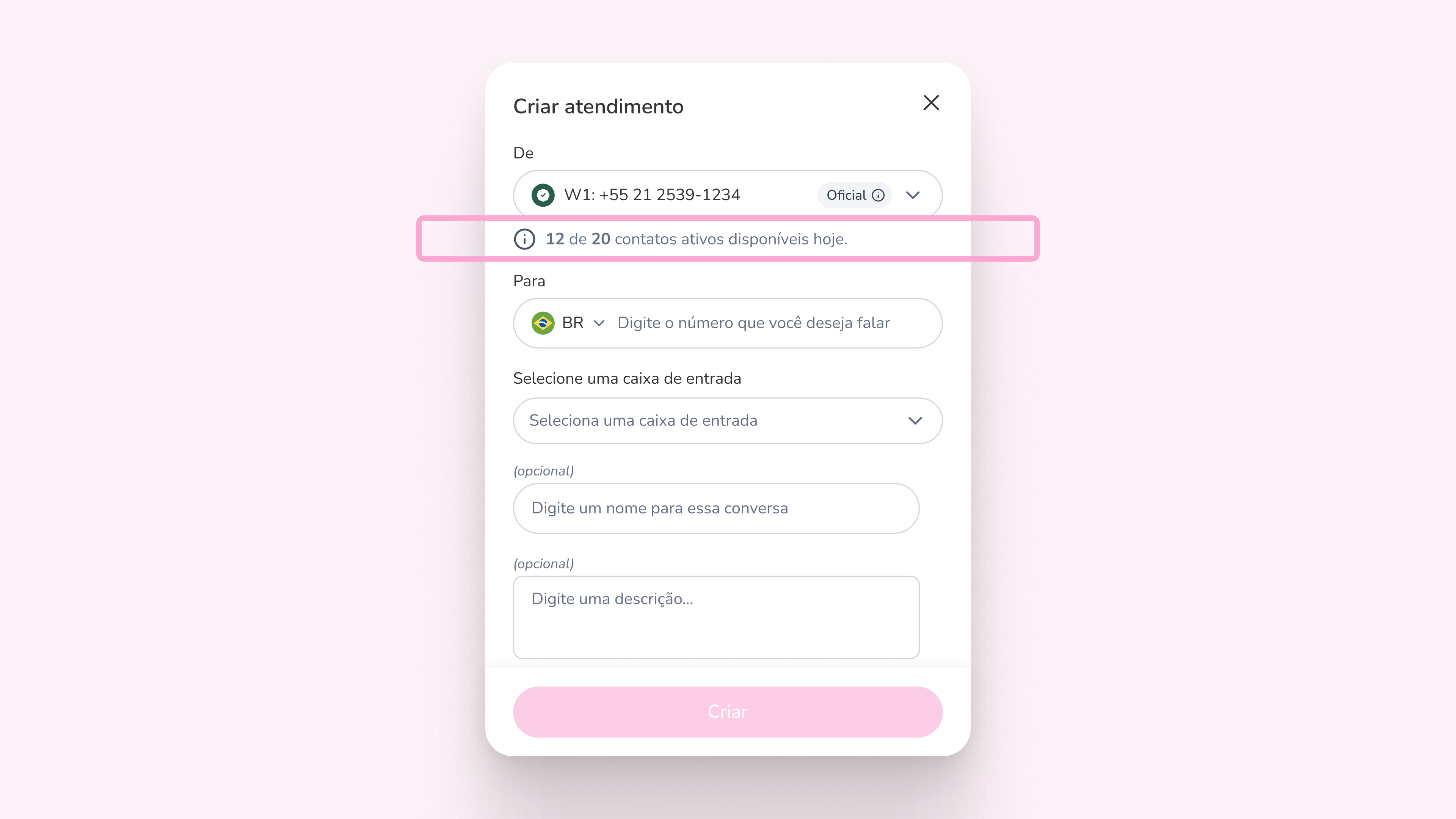 Modal de criação de atendimento com o indicador de saldo destacado: 12 de 20 contatos ativos disponíveis hoje.