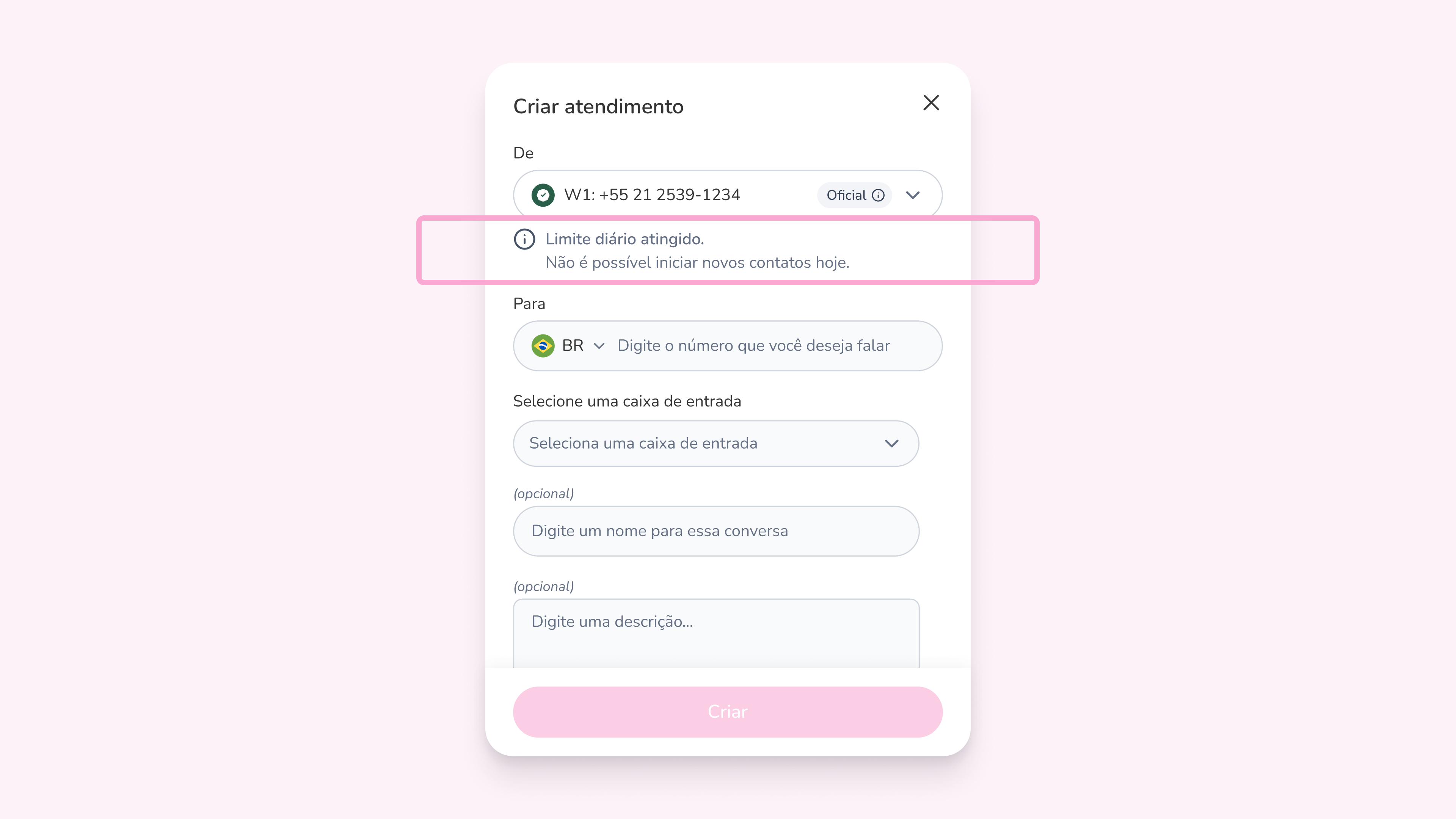 Modal de criação de atendimento com os campos desabilitados e a mensagem: Limite diário atingido. Não é possível iniciar novos contatos hoje.