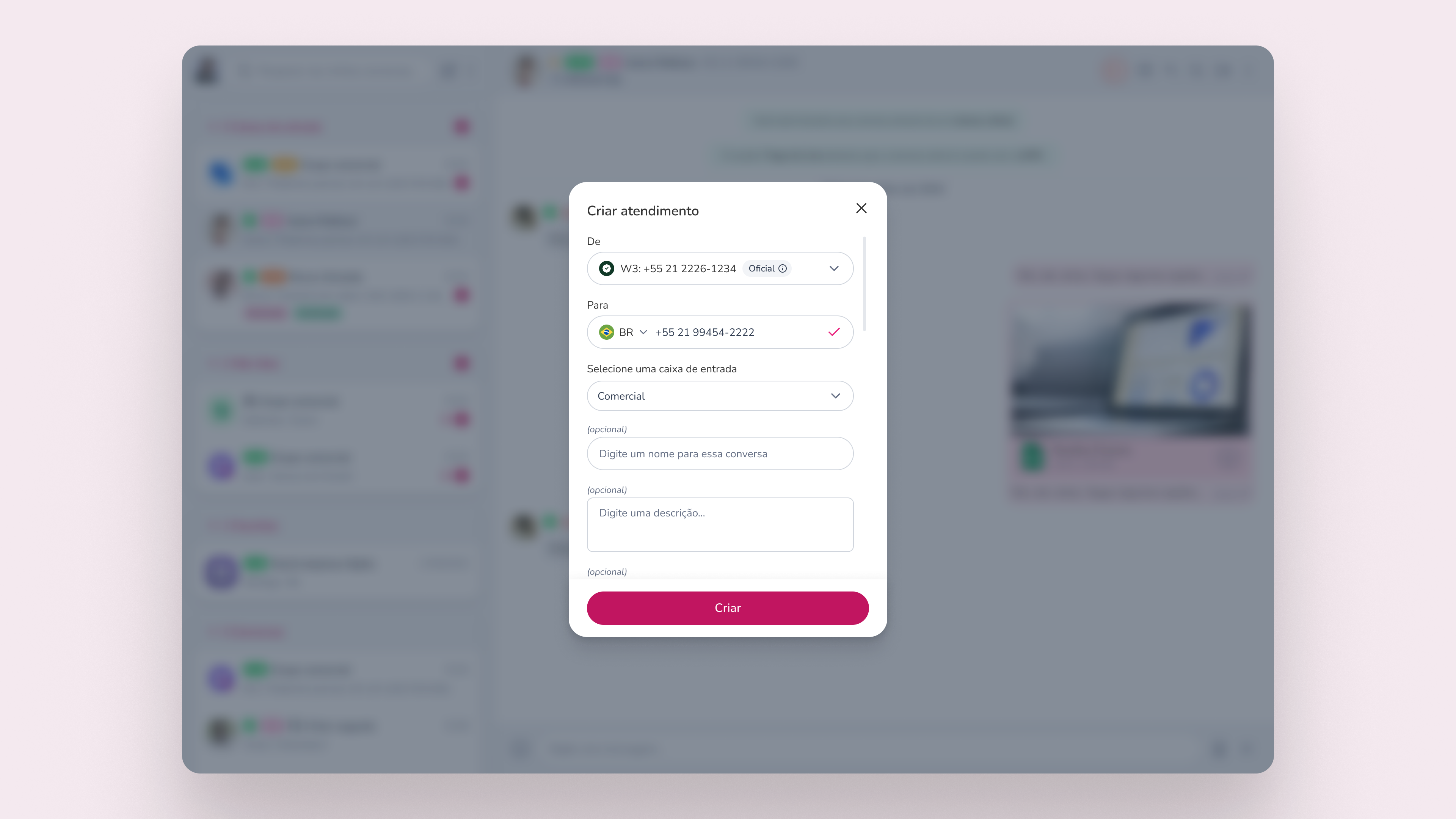 Formulário de contato ativo oficial com campos de integração, número do destinatário e dados do atendimento no Pink App