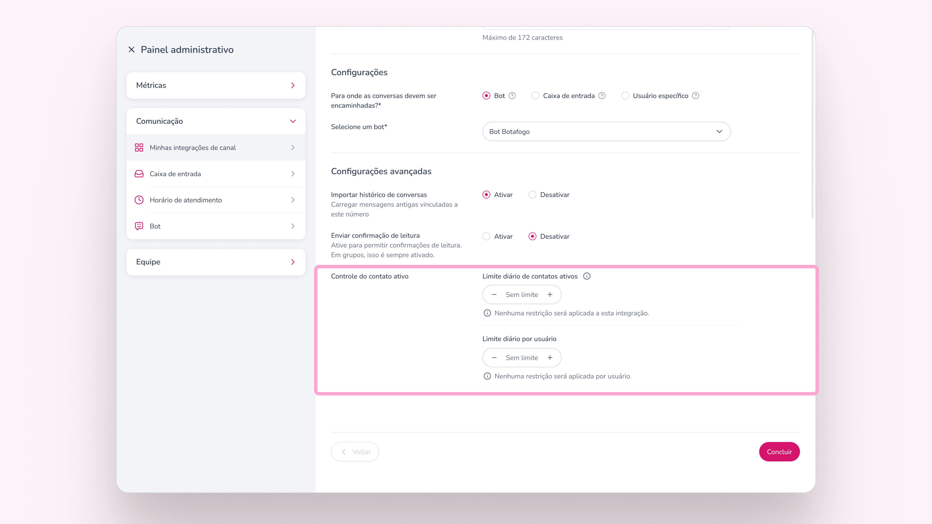 Tela de edição de integração de canal no Pink App com a seção Configurações avançadas aberta e o bloco Controle do contato ativo destacado com borda rosa.