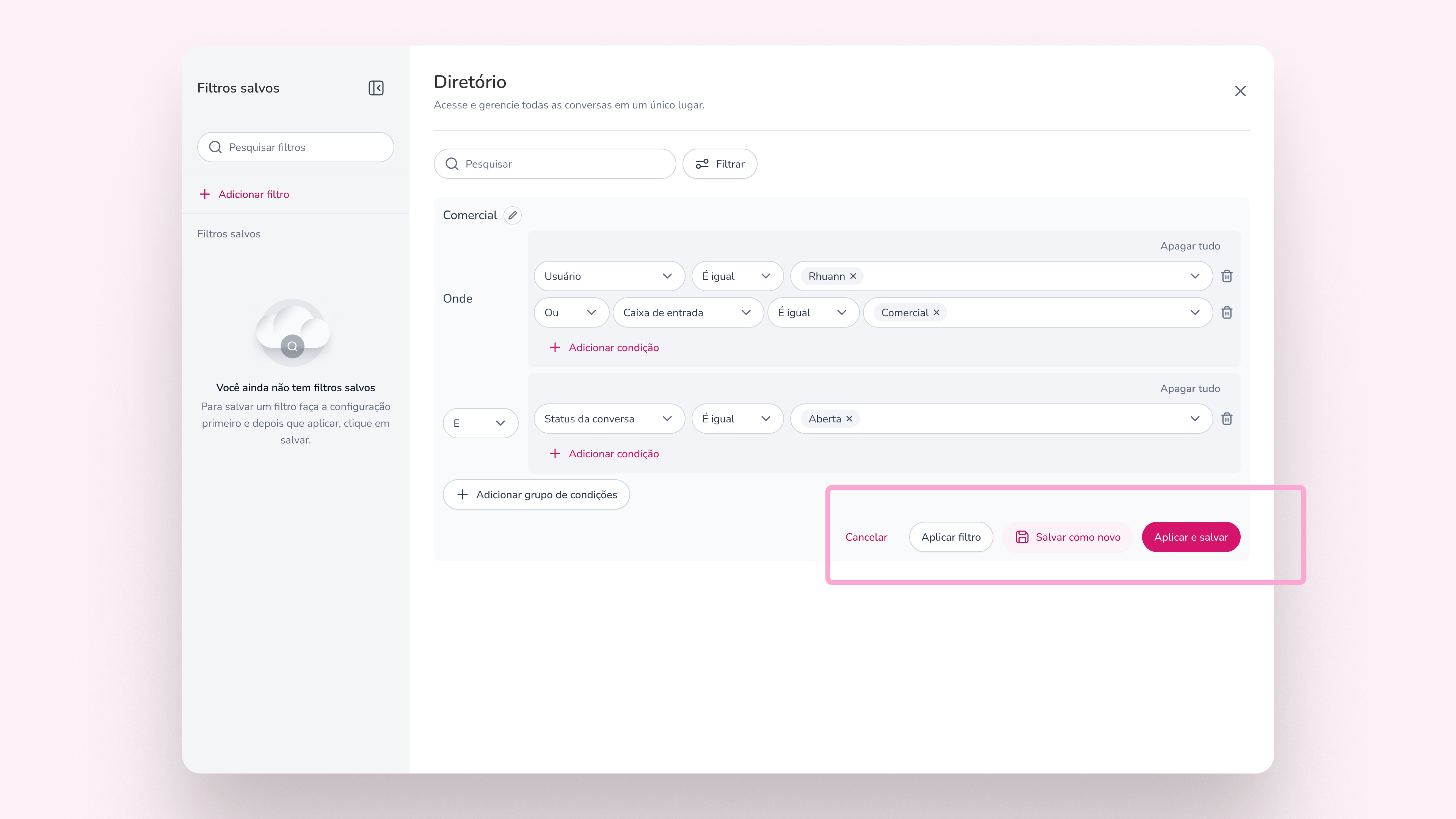 Painel de filtros do Diretório com as ações disponíveis para salvar o filtro configurado