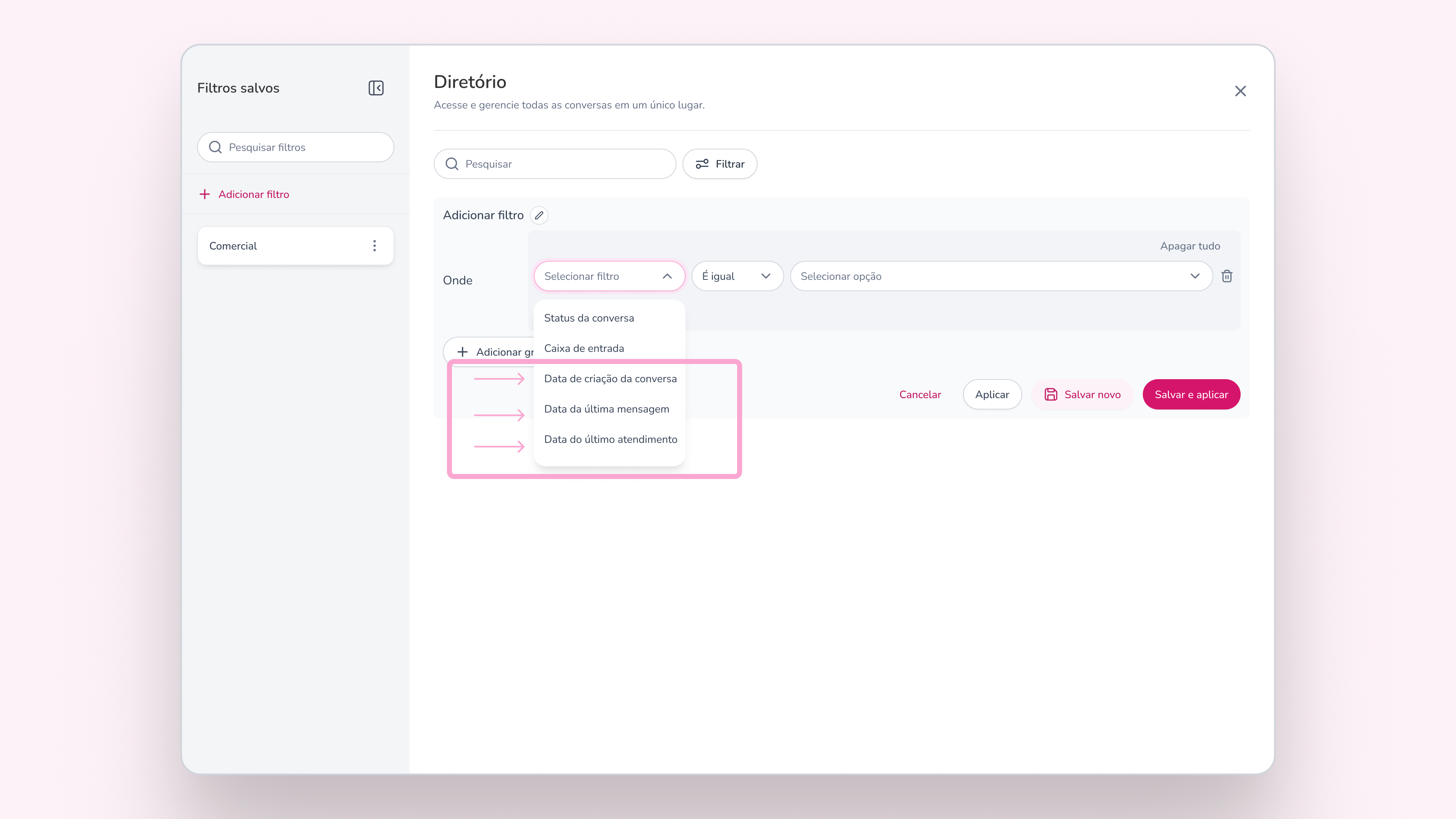 Painel de filtros do Diretório com os filtros de data: Data da última mensagem, Data do último atendimento e Data de criação