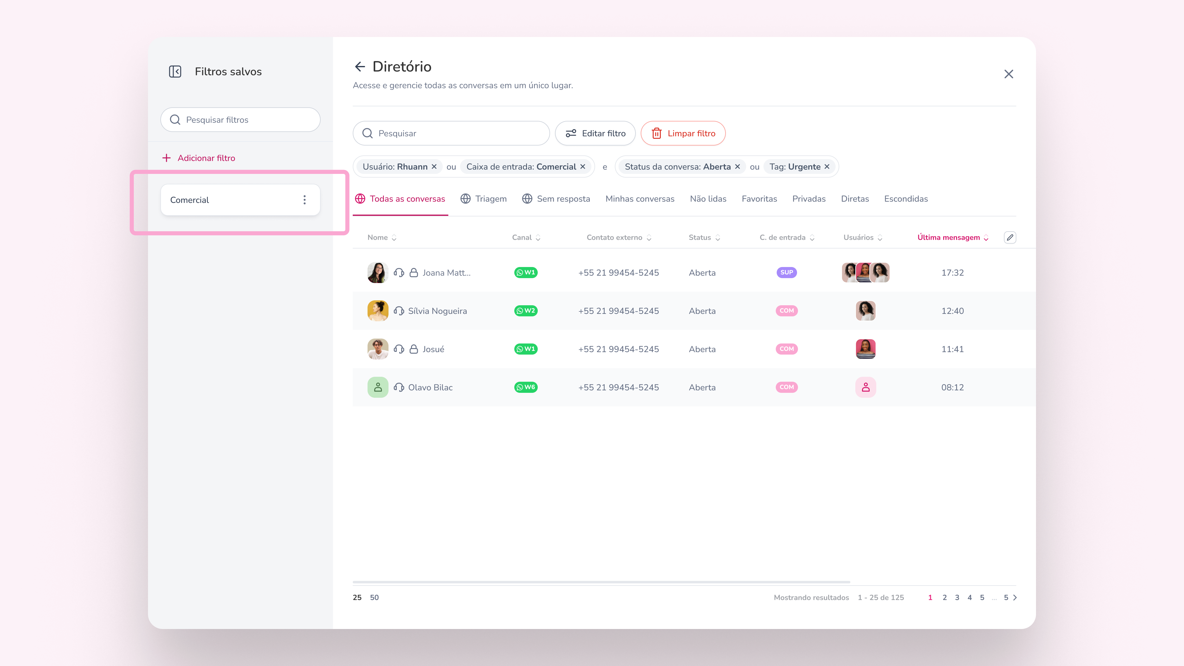 Sidebar do Diretório com filtros salvos disponíveis para seleção