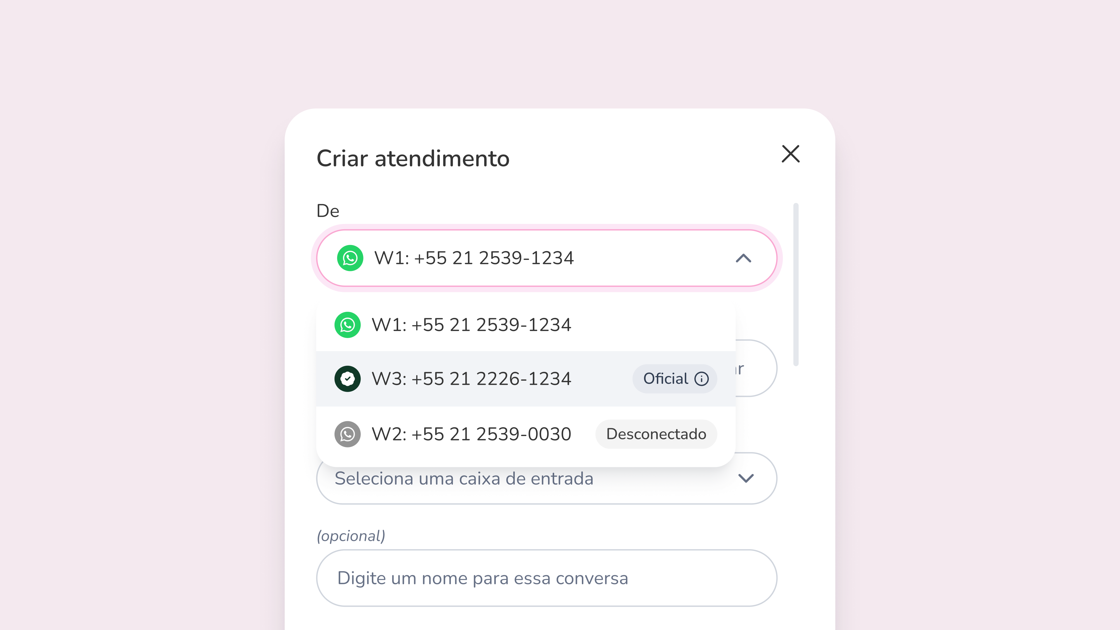 Badge de Integração Oficial exibida na seleção do número de origem no Pink App